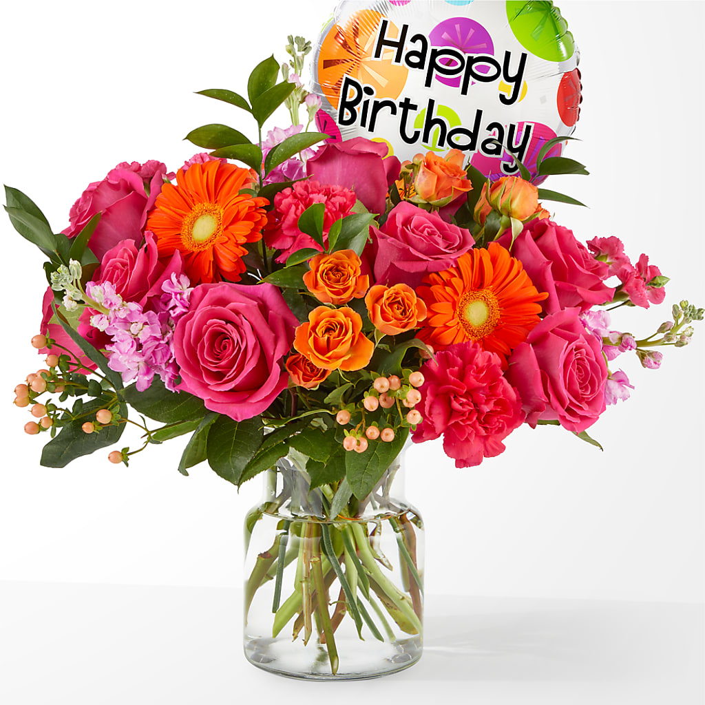 Fiesta Bouquet with Birthday Balloon – BELMA'S PRECIOUS FLOWERS, Kodiak AK