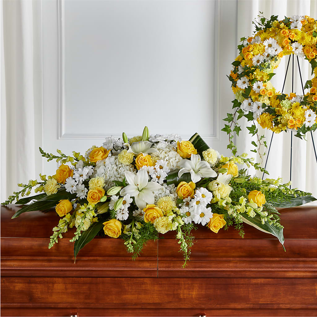 Golden Harmony Casket Spray – BELMA'S PRECIOUS FLOWERS, Kodiak AK