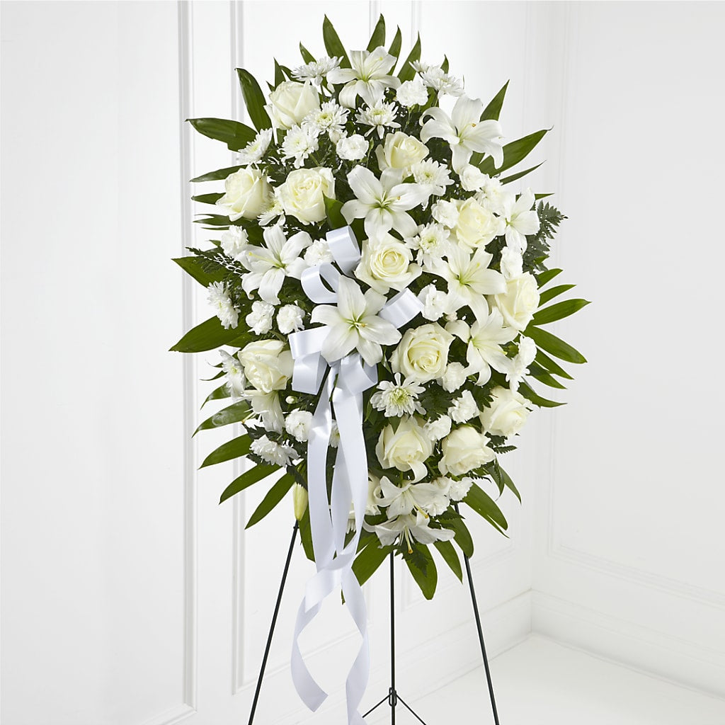 Exquisite Tribute Standing Spray-White Ribbon – BELMA'S PRECIOUS FLOWERS, Kodiak AK