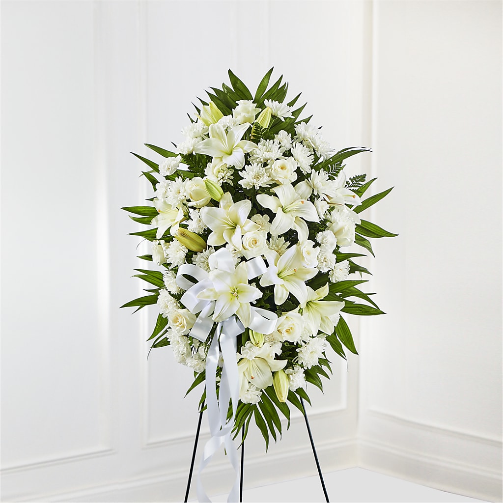Exquisite Tribute Standing Spray-White Ribbon – BELMA'S PRECIOUS FLOWERS, Kodiak AK