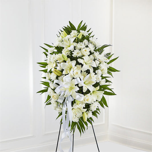 Exquisite Tribute Standing Spray-White Ribbon – BELMA'S PRECIOUS FLOWERS, Kodiak AK